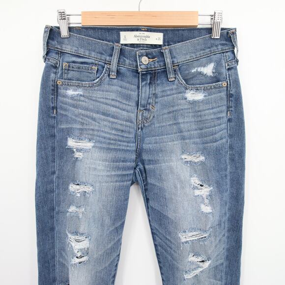 Abercrombie Fitch Jeans Blue Denim Distressed Ripped Boyfriend Mid Rise 0 25 - Picture 2 of 11